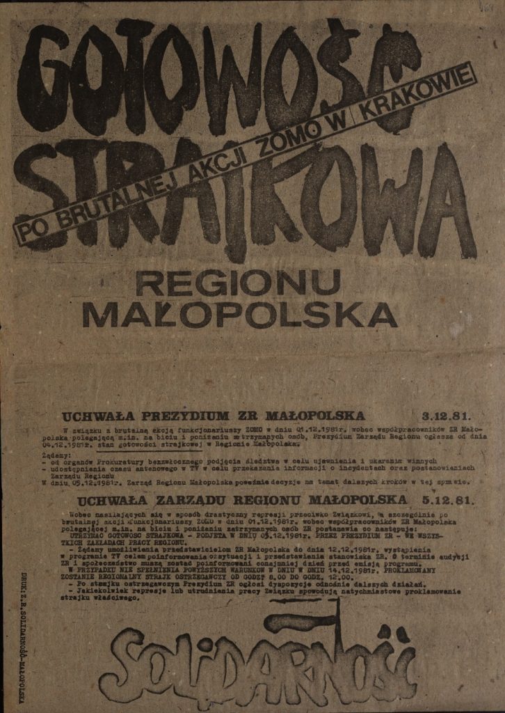 Plakat Gotowość strajkowa po brutalnej akcji ZOMO w Krakowie Regionu Małopolska z dn. 3.12.1981 r.
