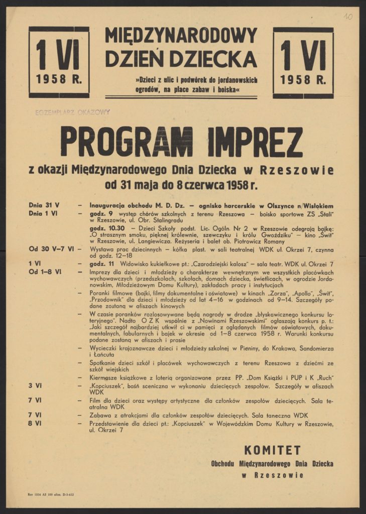 Plakat z okazji Dnia Dziecka 1958 r. Rzeszów