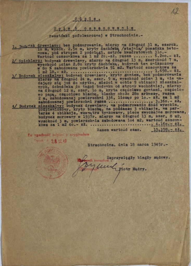 Opis resztówki pofolwarczej w Strachocinie z 1945 r