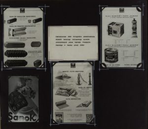 Fotografie przedstawiające katalog wyrobów produkowanych przez Zakłady Przemysłu Gumowego w Sanoku przed 1939 r. m.in. klej gumowy, guma do pedałów