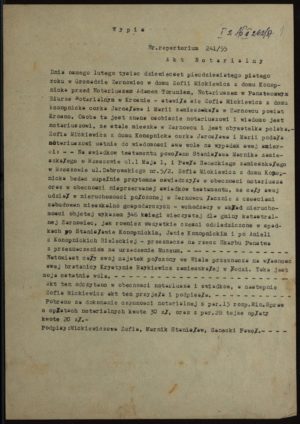 Skan aktu notarialnego z 1955 r., w którym Zofia Mickiewicz przeznacza dworek w Żarnowcu na muzeum_01