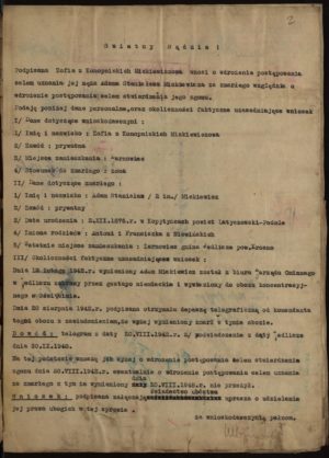 Skan pisma Zofii Mickiewicz z Konopnickich w sprawie stwierdzenia zgonu swojego męża Adama, który zginął w Oświęcimiu