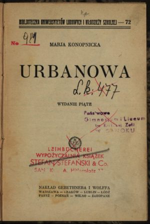 Pierwsza strona utworu Marii Konopnickiej - Urbanowa wydanie piąte z 1927 r.