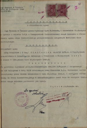 Postanowienie sądowe z dnia 16.11.1948 r. w sprawie aktu zgonu Adama Mickiewicza