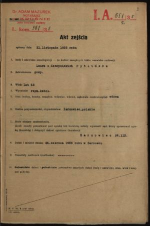 Skan aktu zejścia Laury z Konopnickich Pytlińskiej (córki Marii Konopnickiej) spisany w dniu 21.11.1935 r._01